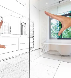 3D-Badplanung: geplantes Badezimmer neben der fertigen Umsetzung